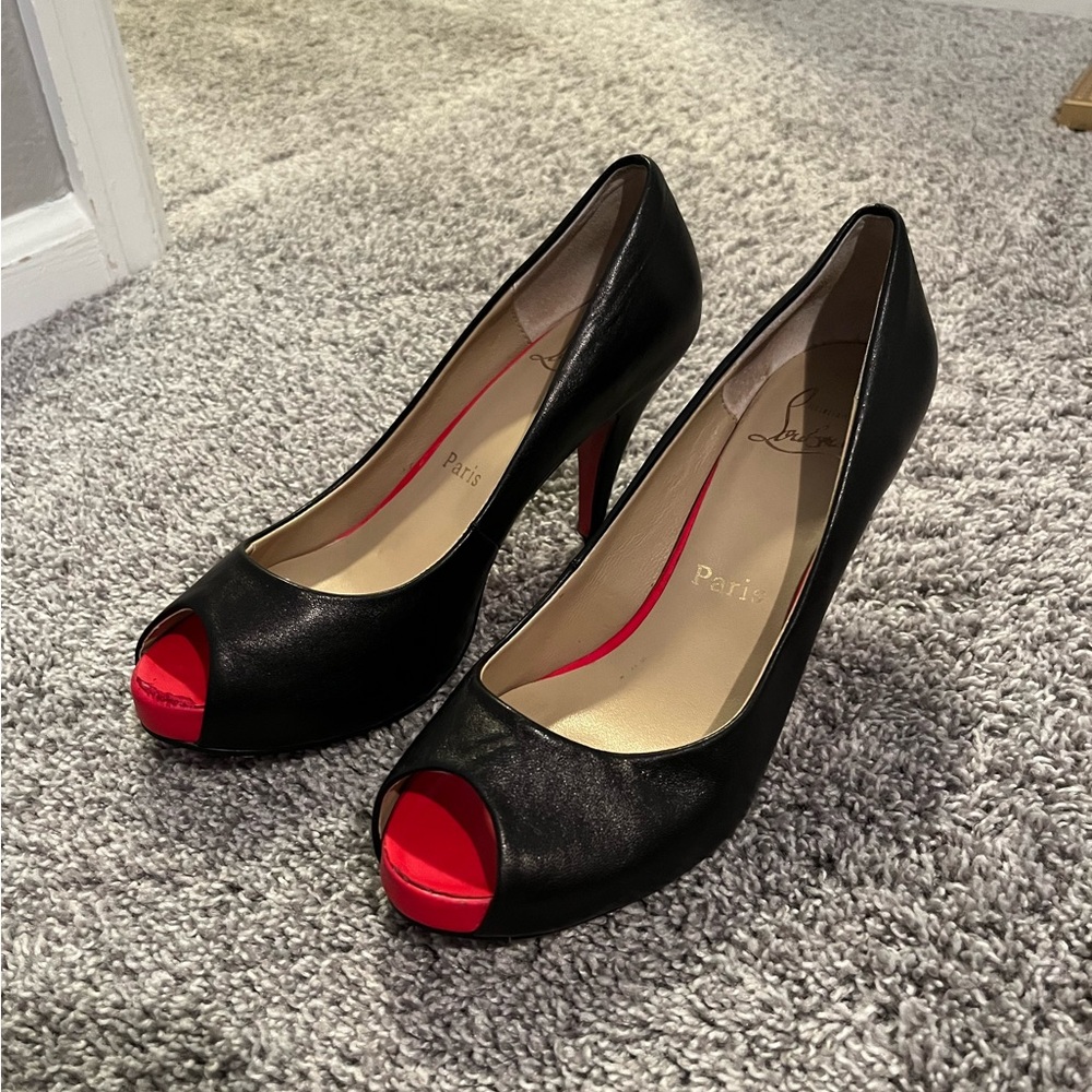 Christian Louboutin Black Leather Peep-Toe Pumps with Red Soles